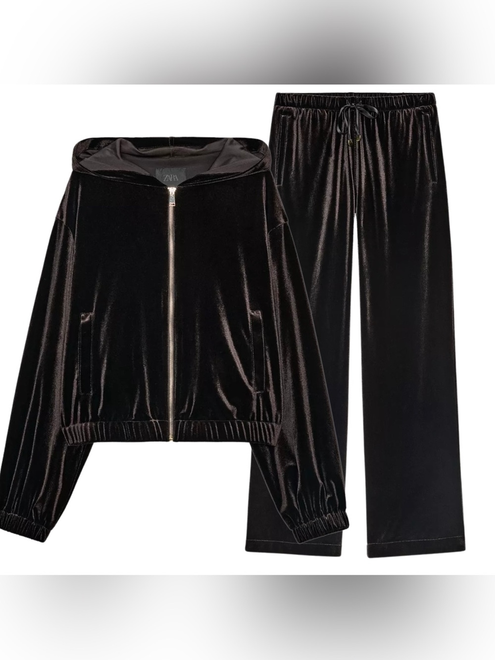 ZARA 2-Piece Brown Velvet Zip-Up Hoodie Jacket & Wide Leg Pants Coord Set